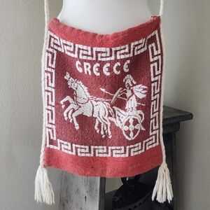 Vintage Greek Souvenir Rust Orange Woven Rayon Cloth Crossbody Shoulder Bag